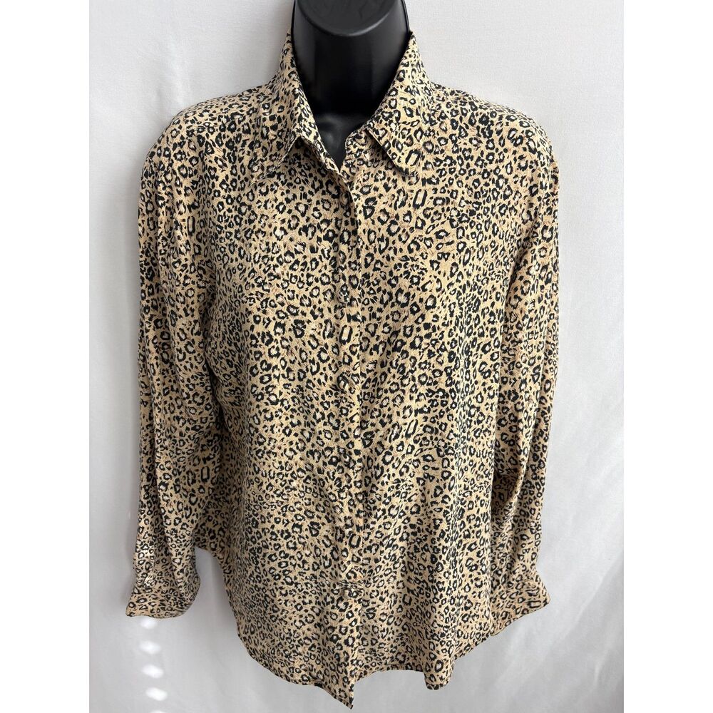 Allison Taylor Leopard 100% Silk Button Front Blouse Size M Classic Mob Wife